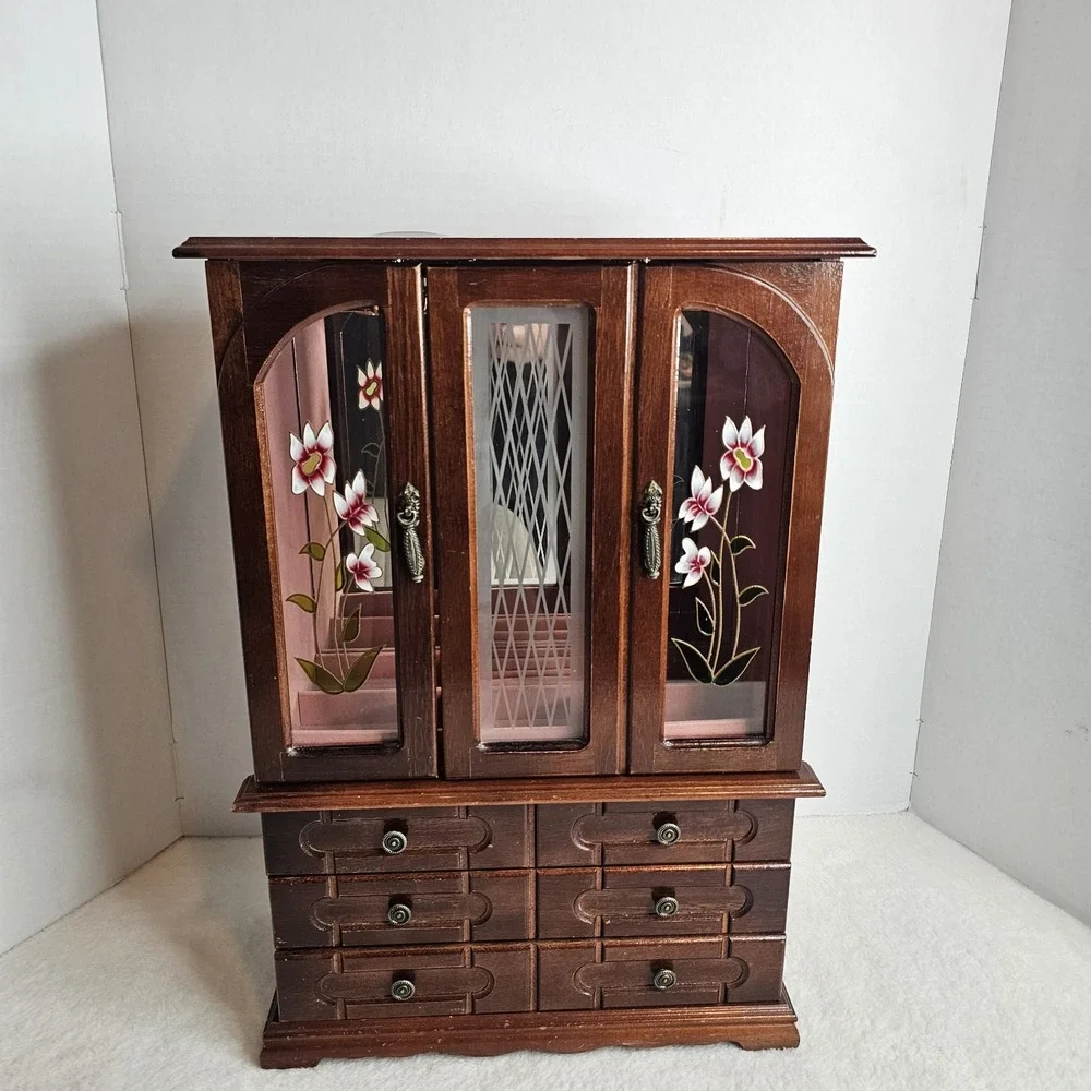 Vintage Wood 2 Door Jewelry Box Armoire Style Cabinet w Mirror Organizer Drawers